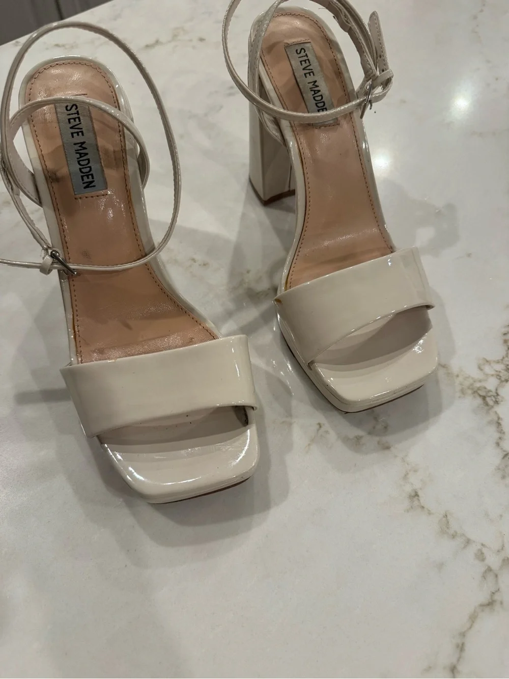 Steve Madden Cream Patent Platform Block Heels